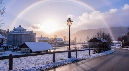 Beautiful panoramic view of a small town in winter with a rainbow in the skyの素材