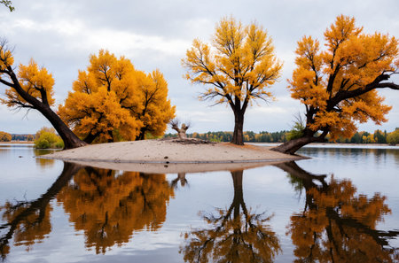 Autumn landscape with yellow trees on the bank of the lake.の素材