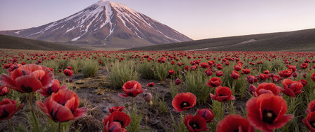 Panoramic view of Mount Fuji and red poppies fieldの素材