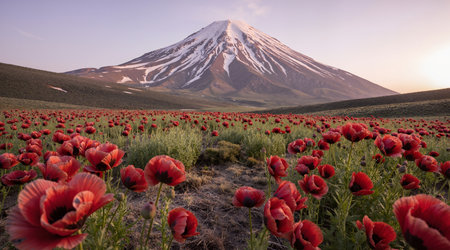 Beautiful red poppies in front of Mt.Fujiの素材