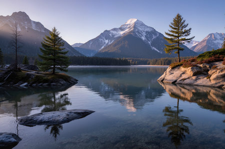 Mountains reflected in the lake at sunset, Jasper National Park, Alberta, Canadaの素材