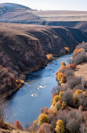 Autumn landscape with a river in the mountains. Russia, Siberiaの素材