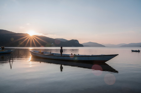Fishing boat on the lake at sunset, Montenegro, Balkansの素材