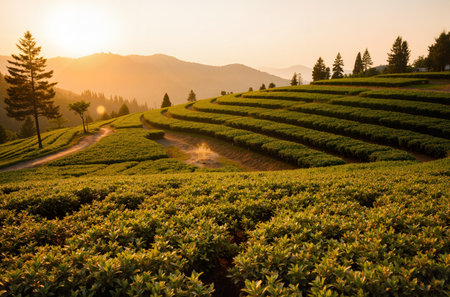 Tea Plantation at Sunrise in Chiang Rai Province, Thailand.の素材