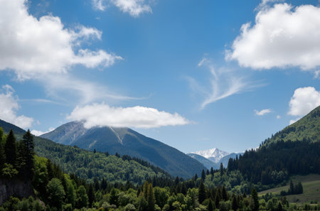 Beautiful mountain landscape with blue sky and clouds. Caucasus mountains.の素材