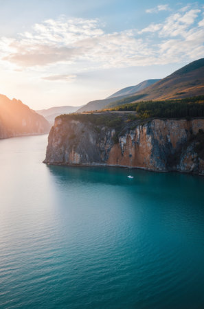 Lake Baikal at sunset, Siberia, Russia. Mountain landscapeの素材