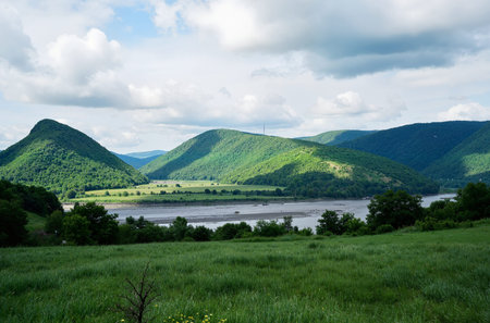 Beautiful summer landscape with river and green hills in Carpathian mountainsの素材
