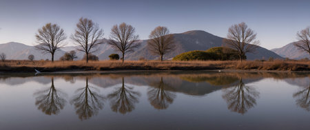 Reflection of trees in a lake with reflection of mountains and skyの素材