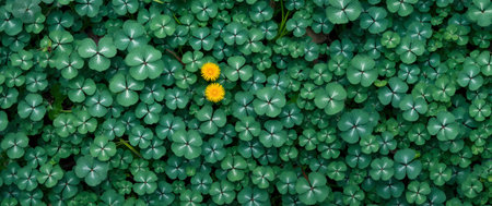 Top view of green clover leaves and yellow dandelion flowerの素材