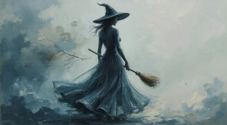 Witch with a broom in a blue dress and a hat.の素材