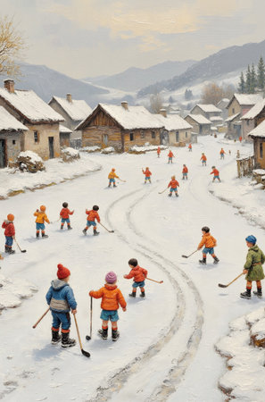 Children play in the snow in a village in the mountains of Chinaの素材