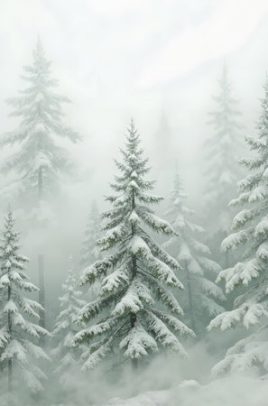 Foggy winter landscape with snow covered fir trees in the mountainsの素材