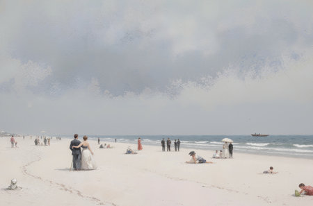 Wedding couple on the beach in the foggy day.の素材