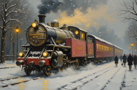 Vintage steam locomotive in the snowfall. Steam locomotiveの素材