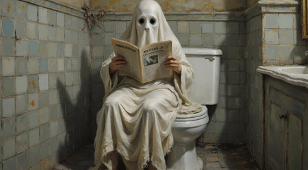 Ghost reading a book in the toilet. The concept of Halloween.の素材
