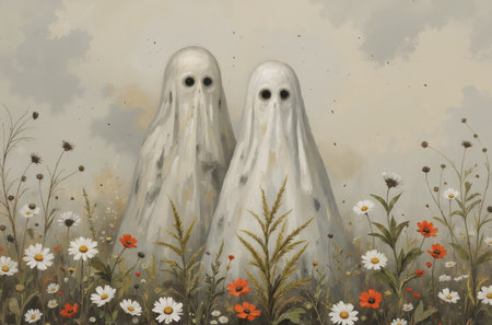 Two ghosts in the field with flowers. Illustration. Digital painting.の素材