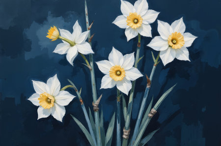 White daffodils on a dark blue background. Digital painting.の素材