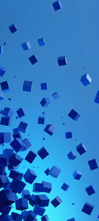 Abstract 3d rendering of blue cubes flying in the air. Futuristic background.の素材