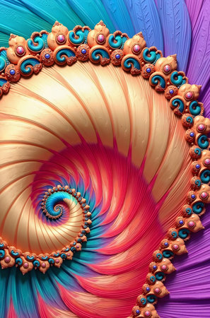Ornate Spiral Abstract Art: Gold, Colorful Swirls, Beads & Gems â Vibrant Glossy Fantasy Artwork with Dynamic Fluid Designの素材