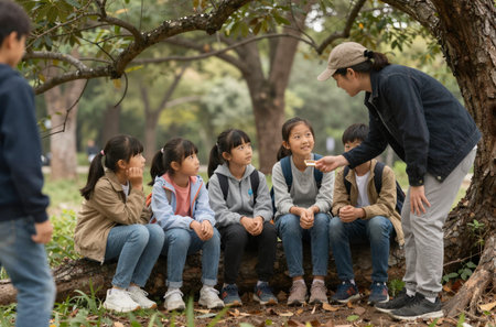Group of asian children sitting on tree in the park and talking to teacherの素材