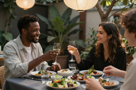 Happy multiethnic group of friends having dinner together at restaurant. Cheerful young men and women sitting at table and drinking wine. Communication conceptの素材