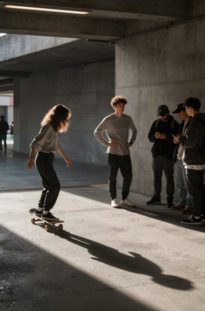 Full length portrait of a teenage boy and girl skateboarders in skate parkの素材