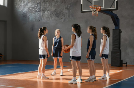 Full length side view of a group of young women playing basketball together at the gymの素材