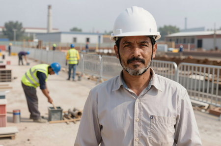 Portrait of senior engineer working at construction site with his team in backgroundの素材