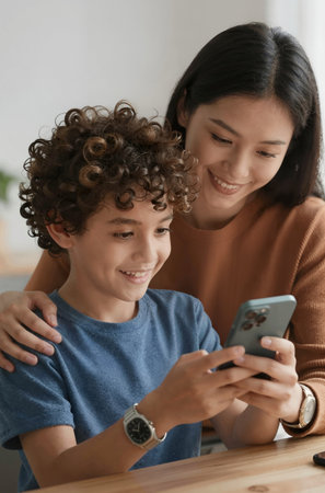 Mother and son using smartphone at table in living room, closeupの素材