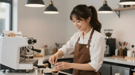 young asian woman barista prepare coffee in coffee shop cafe.の素材