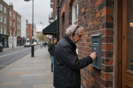 Mature man using a mailbox on the street in London, UKの素材