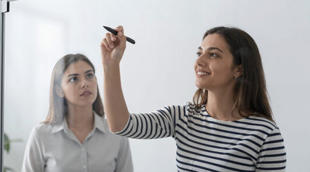 Young businesswoman writing on glass wall in office. Businesswoman looking at her colleague.の素材