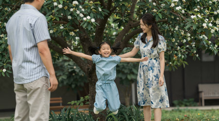 Happy Asian family playing in the garden. Father, mother and daughter having fun together.の素材