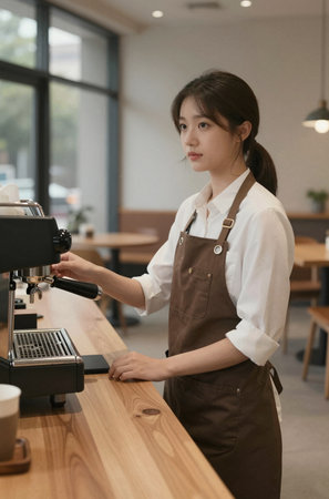 Portrait of a young asian woman barista using coffee machineの素材