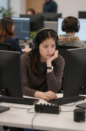 young asian female call center agent working in call center office with headsetの素材