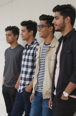 Group of young men standing in a line, looking at each otherの素材