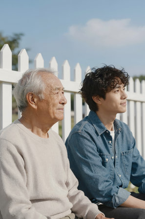 Grandfather and grandson sitting on white picket fence, looking awayの素材