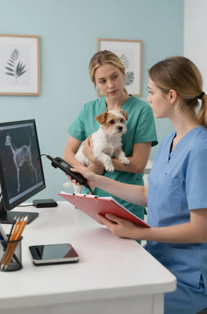 Veterinarian examining little dog in vet clinic. Veterinarian examining dog.の素材