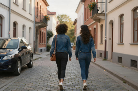 Back view of two young women walking on the street in the cityの素材