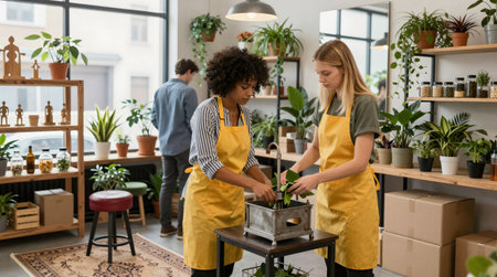 Two young female florists working in a flower shop, taking care of plantsの素材