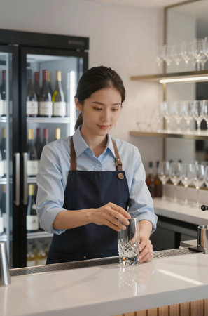 young asian woman barista pouring water in glass at counter barの素材