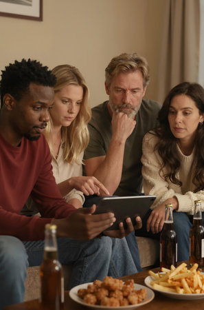 Multi-ethnic group of friends watching a movie on a tablet and drinking beerの素材