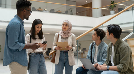 Multiethnic startup business team on meeting in modern office interior brainstorming, working on laptop and tablet computerの素材
