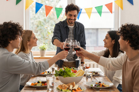 Happy multiethnic friends clinking glasses with red wine at partyの素材