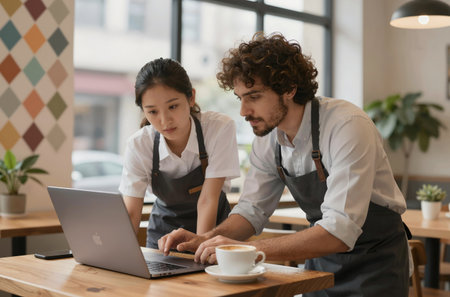 Coffee shop. Cheerful young man and woman working with laptop while sitting in cafeの素材