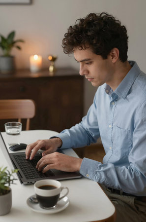 Handsome young man working on laptop at table in home officeの素材