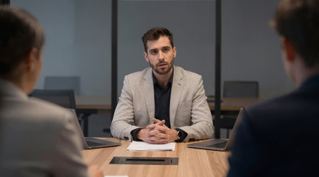 Serious businessman in suit sitting at table and talking with colleagues during meeting in officeの素材