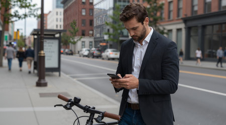 Handsome young businessman using mobile phone while standing with bicycle in cityの素材