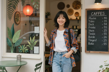 young beautiful and happy Asian Korean woman in hipster urban style having fun at coffee shop drinking coffee and smiling cheerful in urban lifestyle conceptの素材