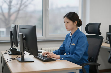 Female worker using computer in the office. Young Asian woman in blue uniform.の素材